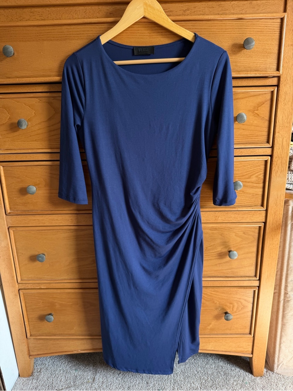 Verse Dress Womens Size M Navy Blue Knee Length 3/4 Sleeve Slit Ruched Side Wrap